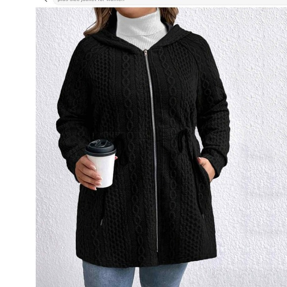 Black Cable Knit Hooded Zip-Up Sweater Coat by Shein Curve Women's 2X - Picture 4 of 15